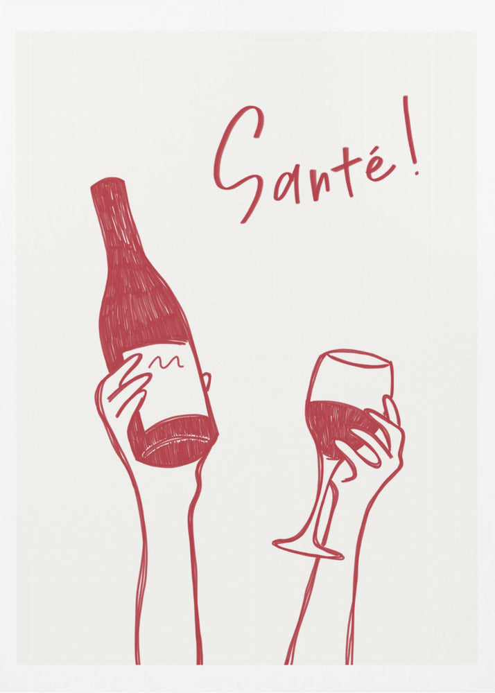 Hands holding a wine bottle and a wine glass with the text "Cheers!" in French | Poster