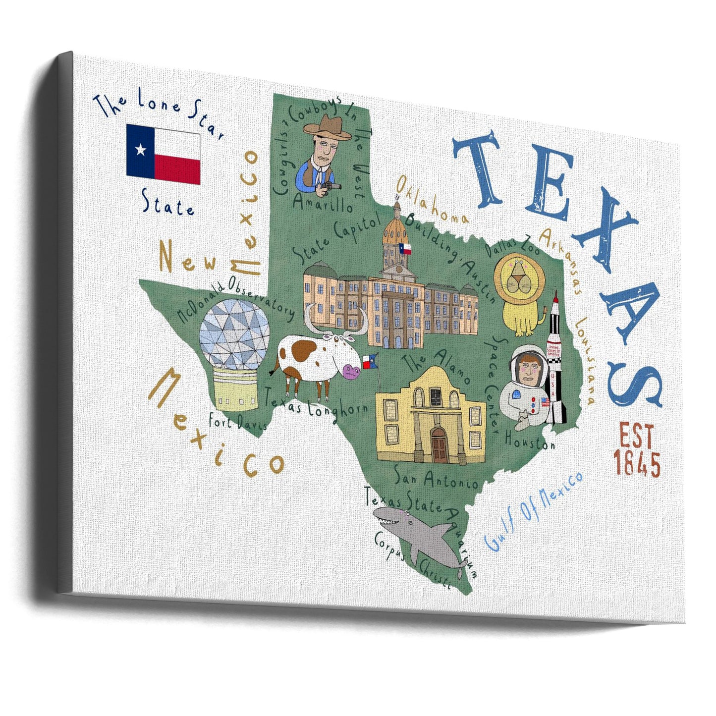 Mappa dello stato del Texas illustrata dall'artista Carla Daly | Stampe su Tela