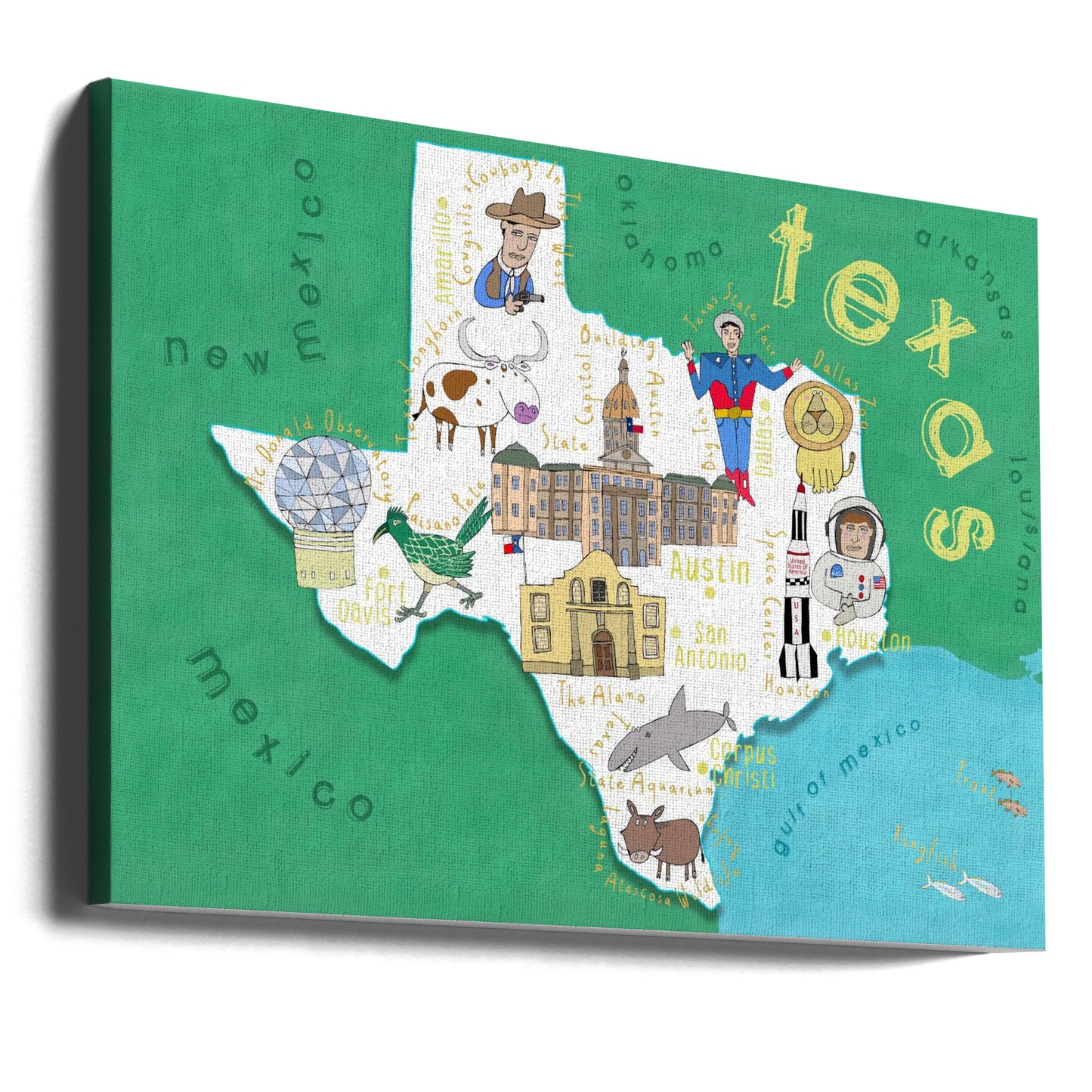 Illustration einer Staatskarte von Texas von der Kartenkünstlerin Carla Daly | Leinwand-Bilder