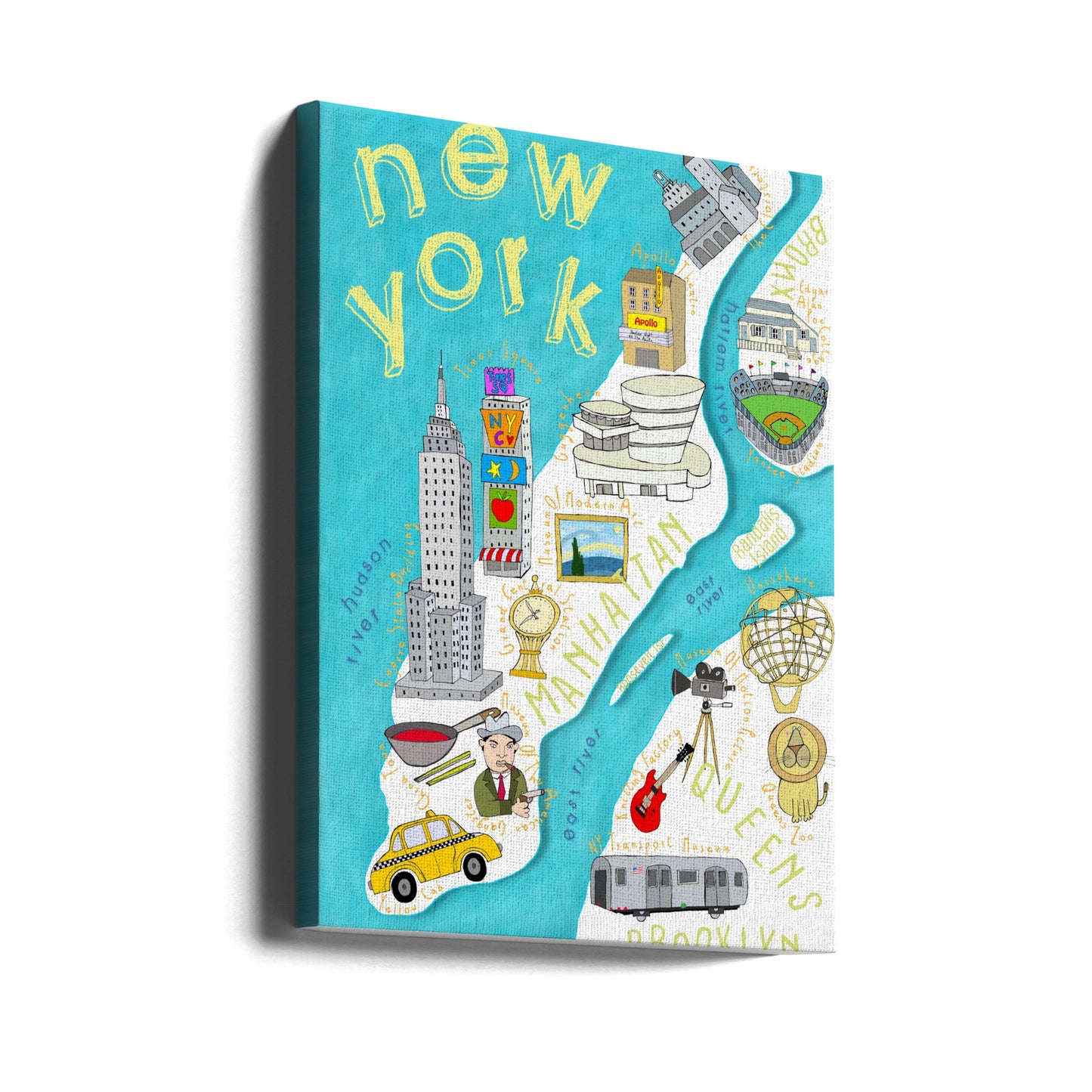 Mappa illustrata di New York dai colori vivaci realizzata dall'artista Carla Daly | Stampe su Tela