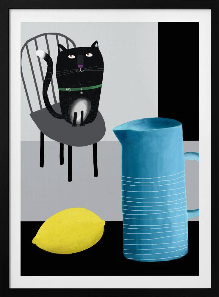 Cute Black Cat sitting on a Chair with Blue Vase and Lemon | Poster