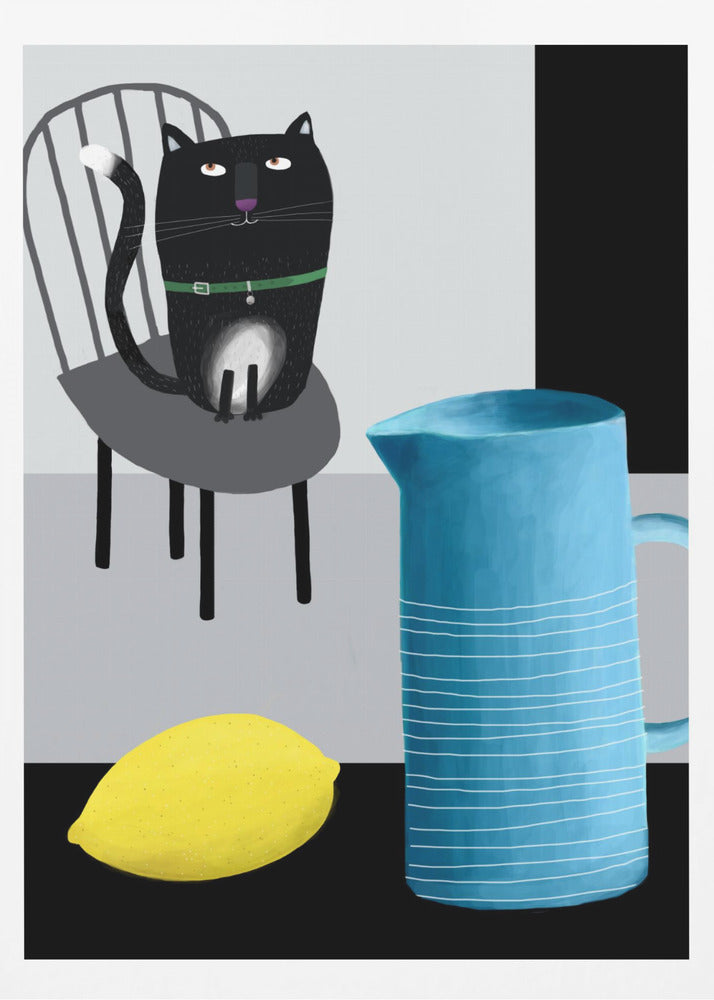 Cute Black Cat sitting on a Chair with Blue Vase and Lemon | Poster