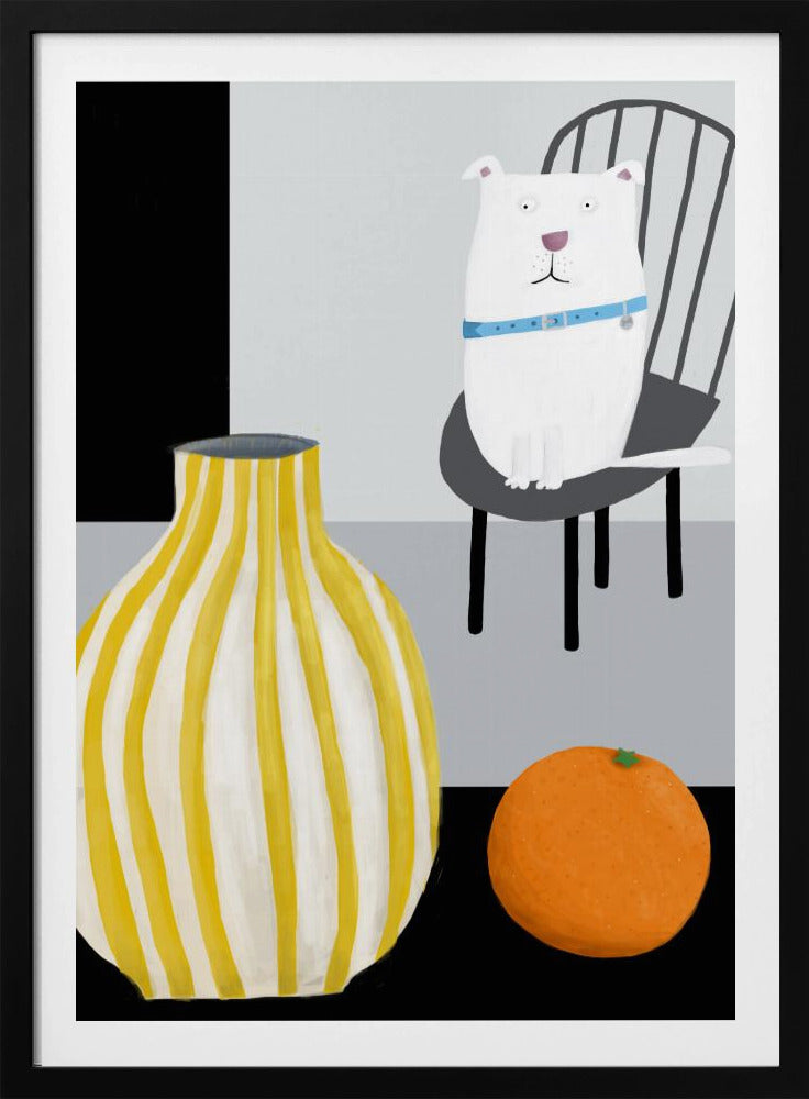 Funny White Dog with Yellow and White Stropped Vase by Carla Daly | Poster