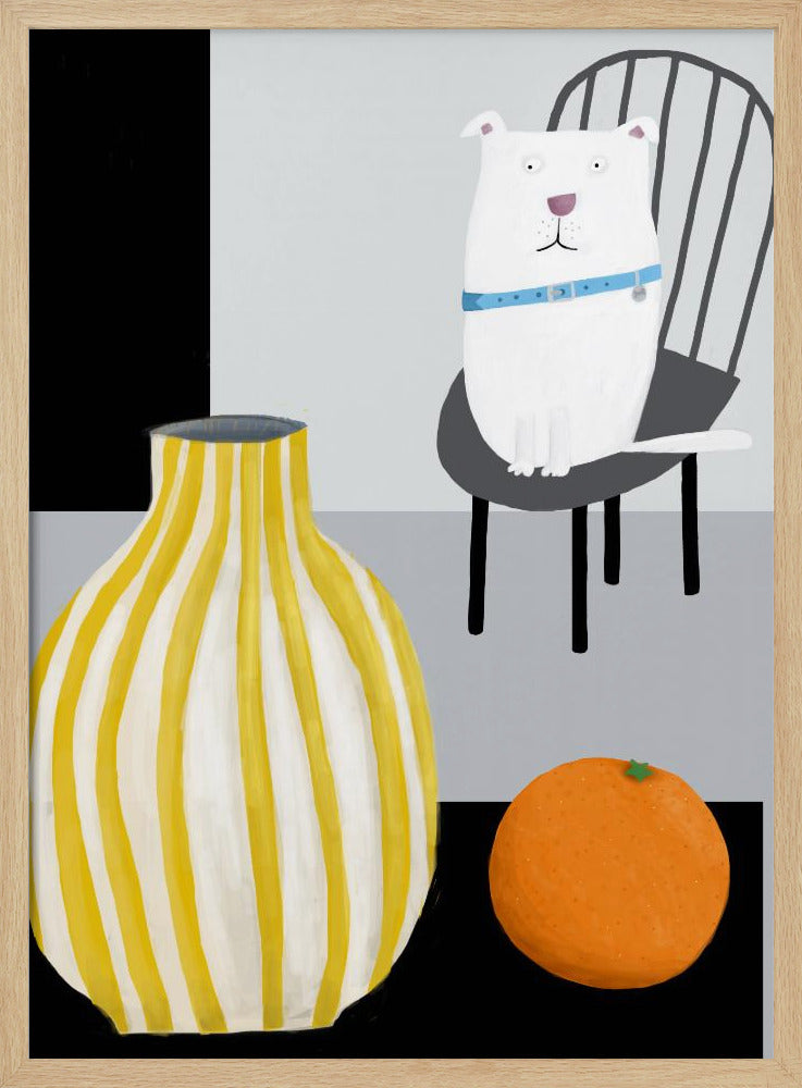 Funny White Dog with Yellow and White Stropped Vase by Carla Daly | Poster