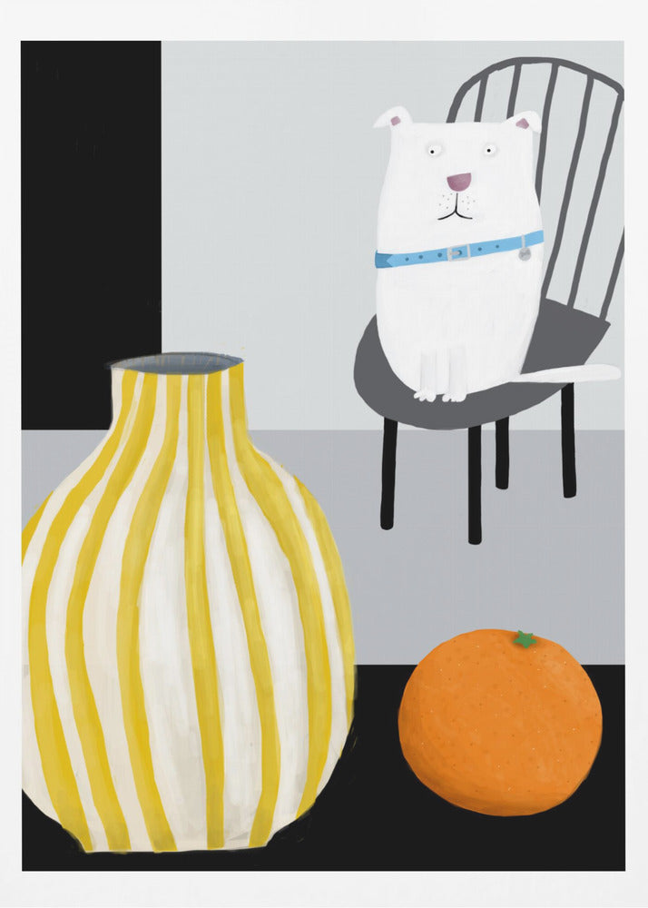 Funny White Dog with Yellow and White Stropped Vase by Carla Daly | Poster