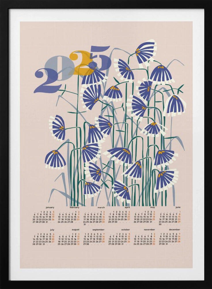 kalender 2025 Linoleumsnitt blommor persikofärgade pastellfärger | Poster