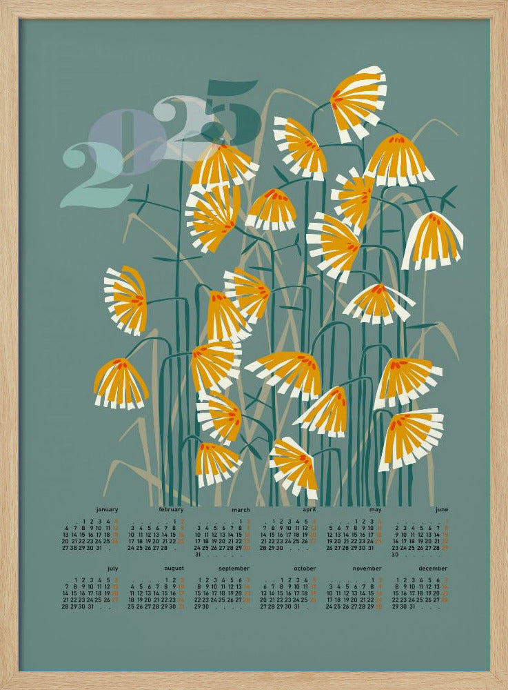 kalender 2025 Linoleumsnitt blommor gröna | Poster