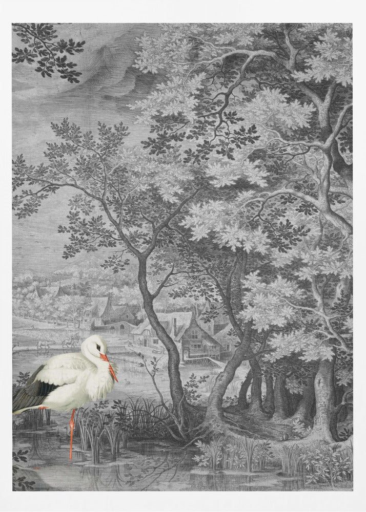 Vintage Landscape With Stork | Poster