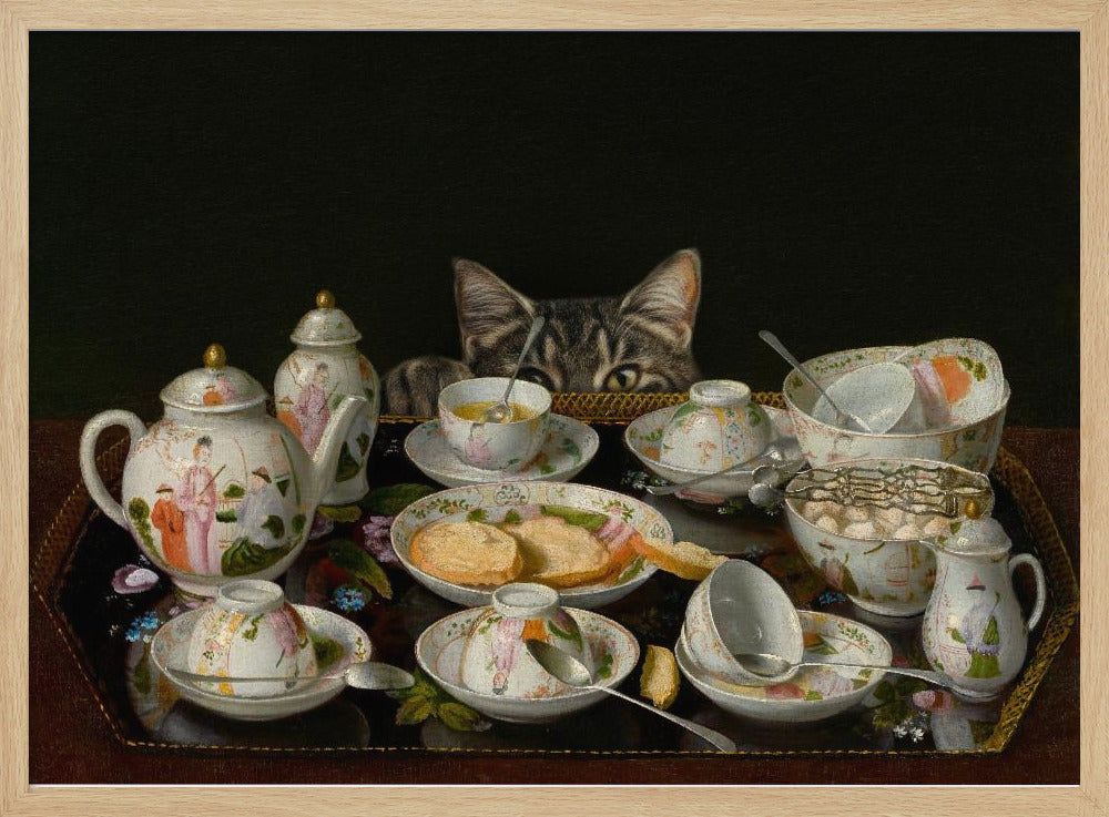 En teservis med en katt | Poster