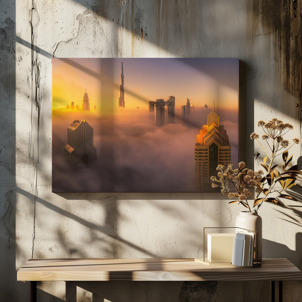 Lever de soleil brumeux dans la ville de Dubaï A738873 | Tableaux sur Toile