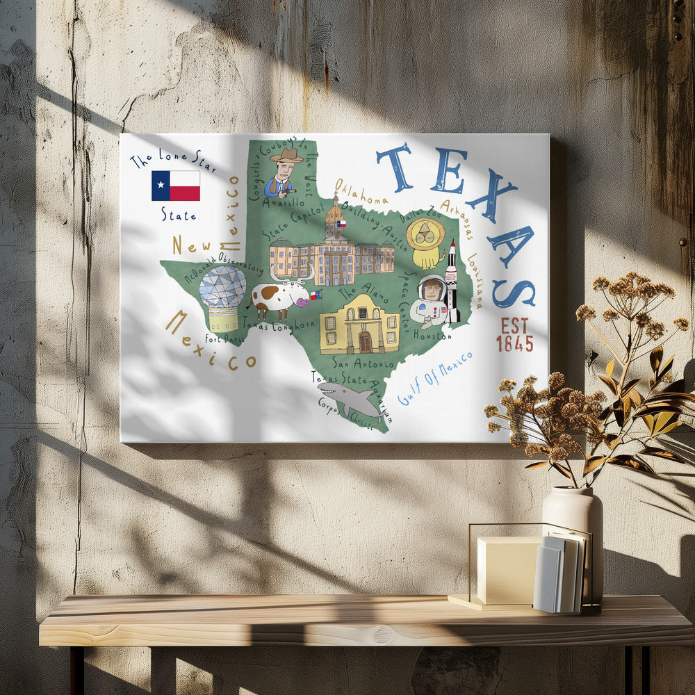 Mappa dello stato del Texas illustrata dall'artista Carla Daly | Stampe su Tela