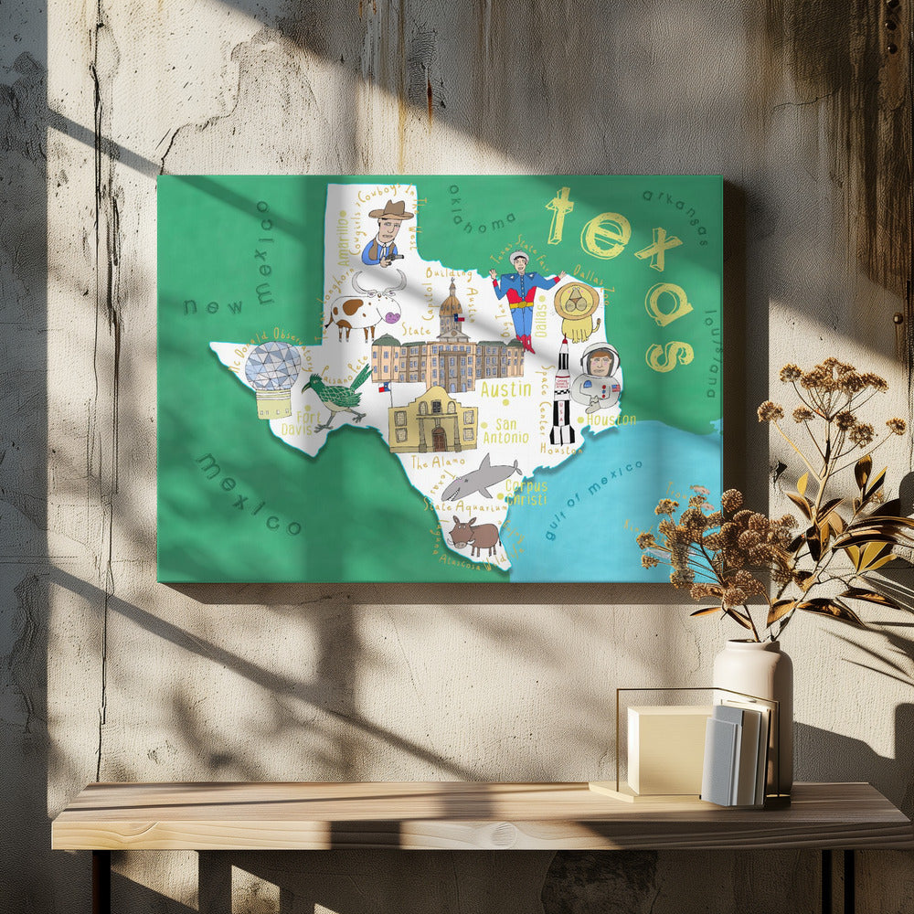 Illustration einer Staatskarte von Texas von der Kartenkünstlerin Carla Daly | Leinwand-Bilder