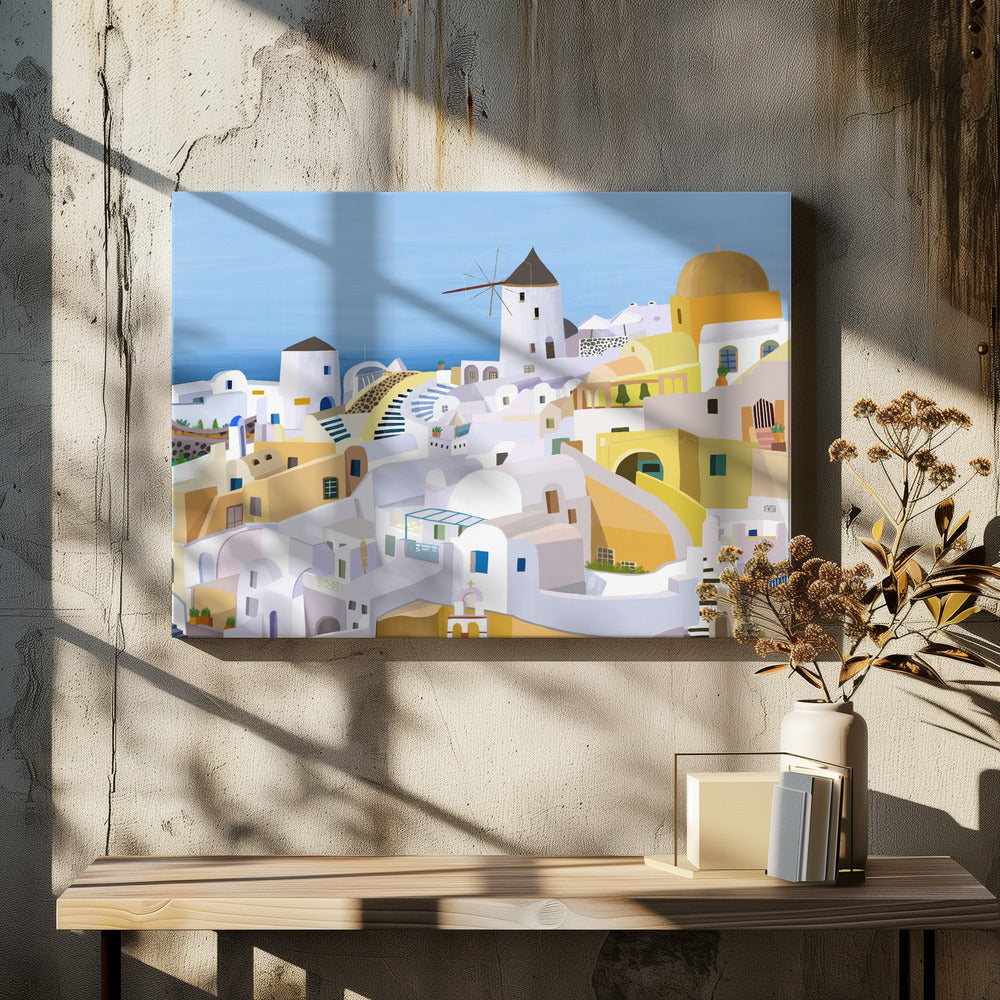 Santorini, edifici greci gialli e bianchi dell'artista Carla Daly | Stampe su Tela