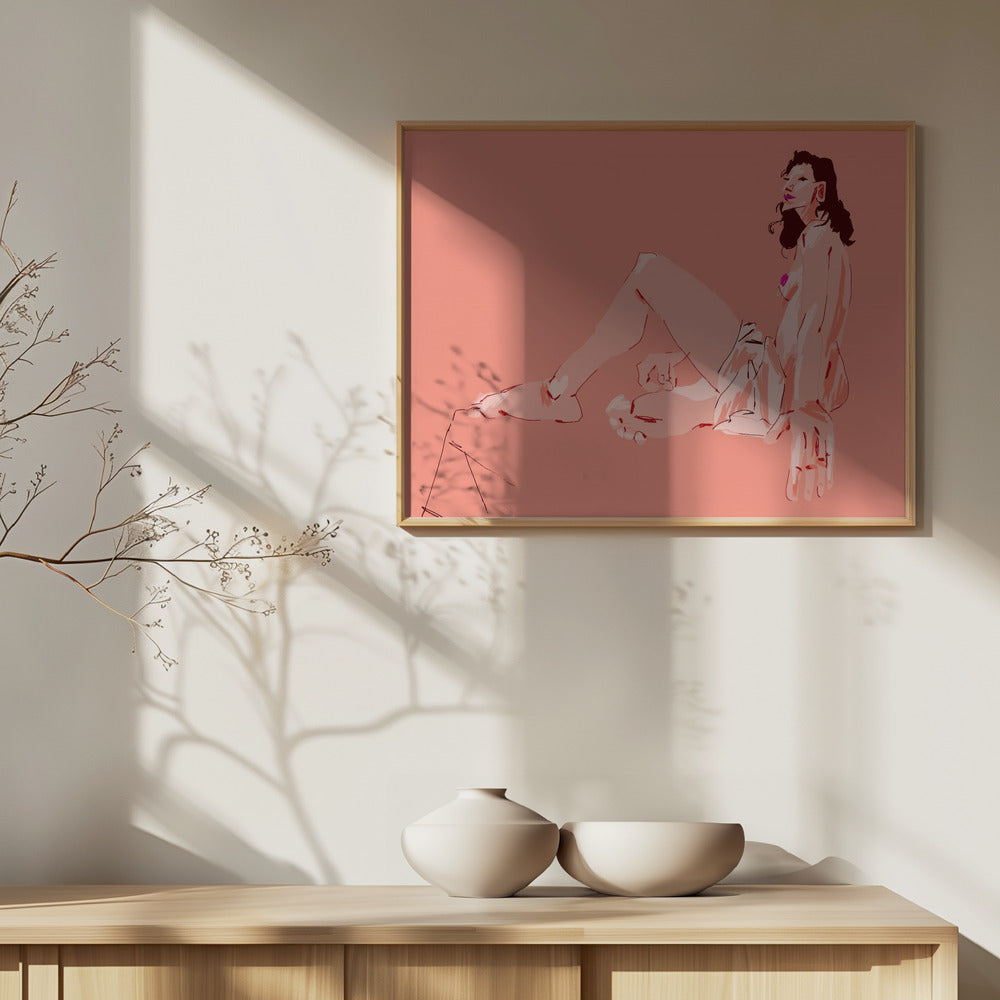 Pige siddende lyserød | Plakater - Kunsttryk
