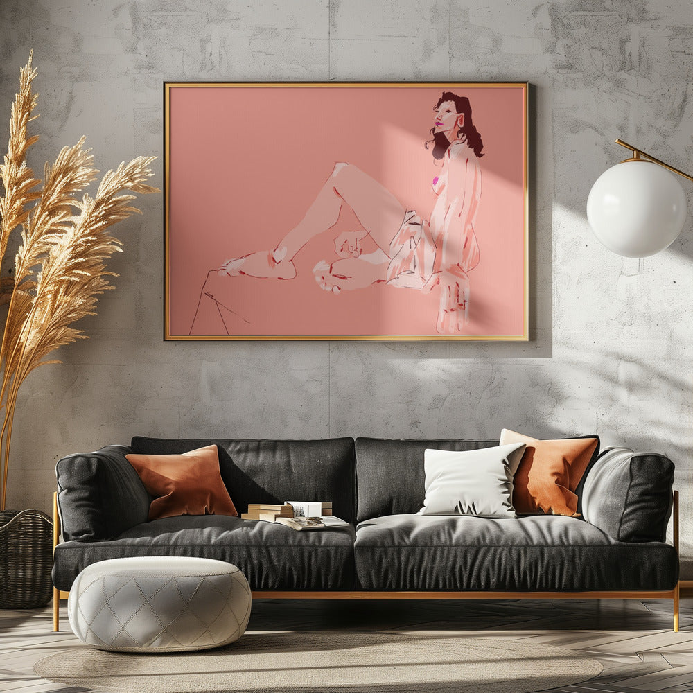 Pige siddende lyserød | Plakater - Kunsttryk