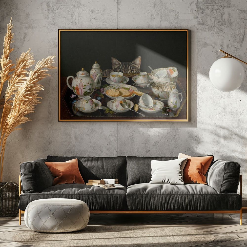 En teservis med en katt | Poster