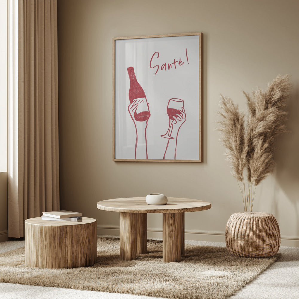 Hands holding a wine bottle and a wine glass with the text "Cheers!" in French | Poster