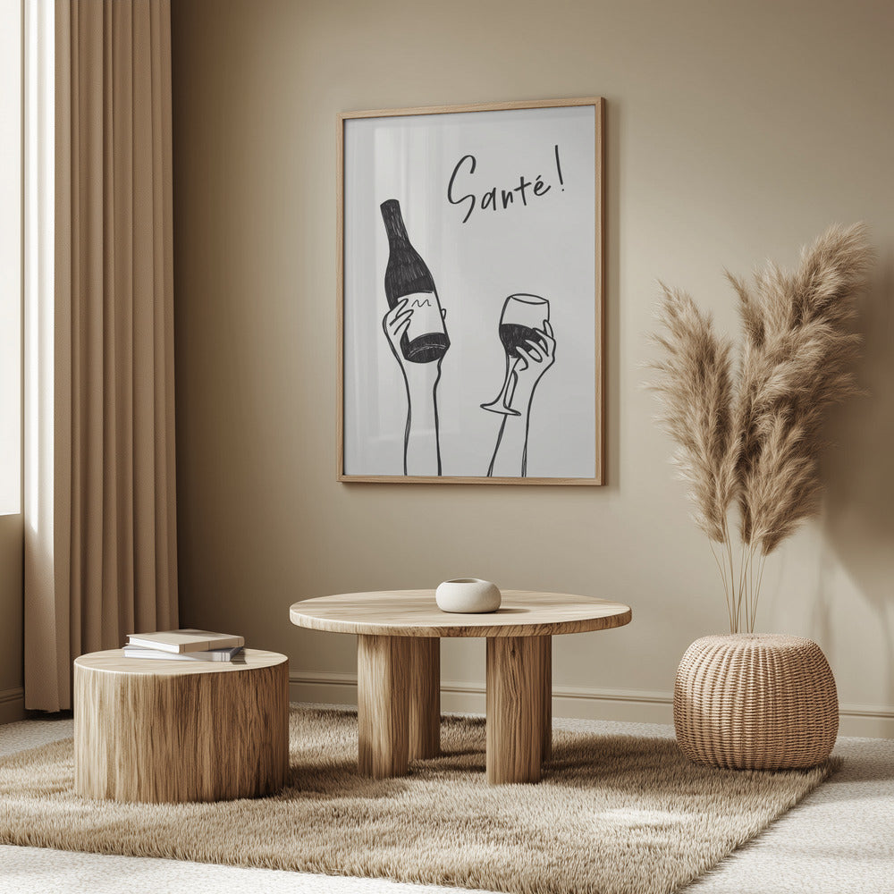 Hands holding a wine bottle and a wine glass with the text "Cheers!" in French | Poster