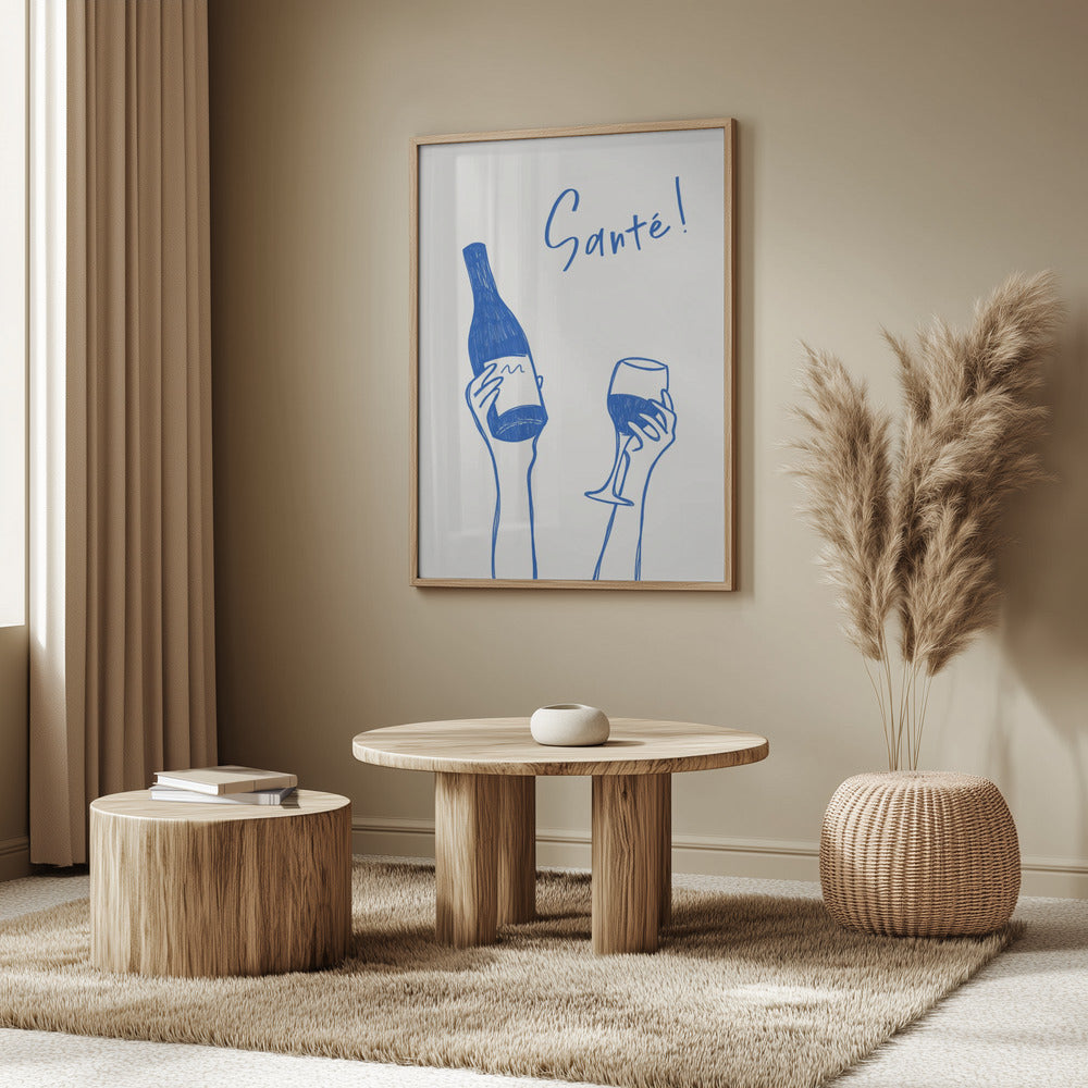 Hands holding a wine bottle and a wine glass with the text "Cheers!" in French | Poster