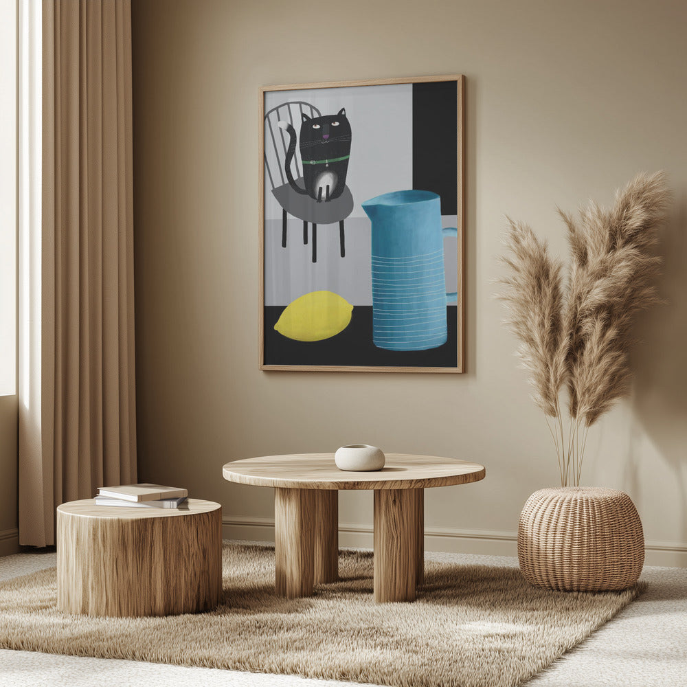 Cute Black Cat sitting on a Chair with Blue Vase and Lemon | Poster