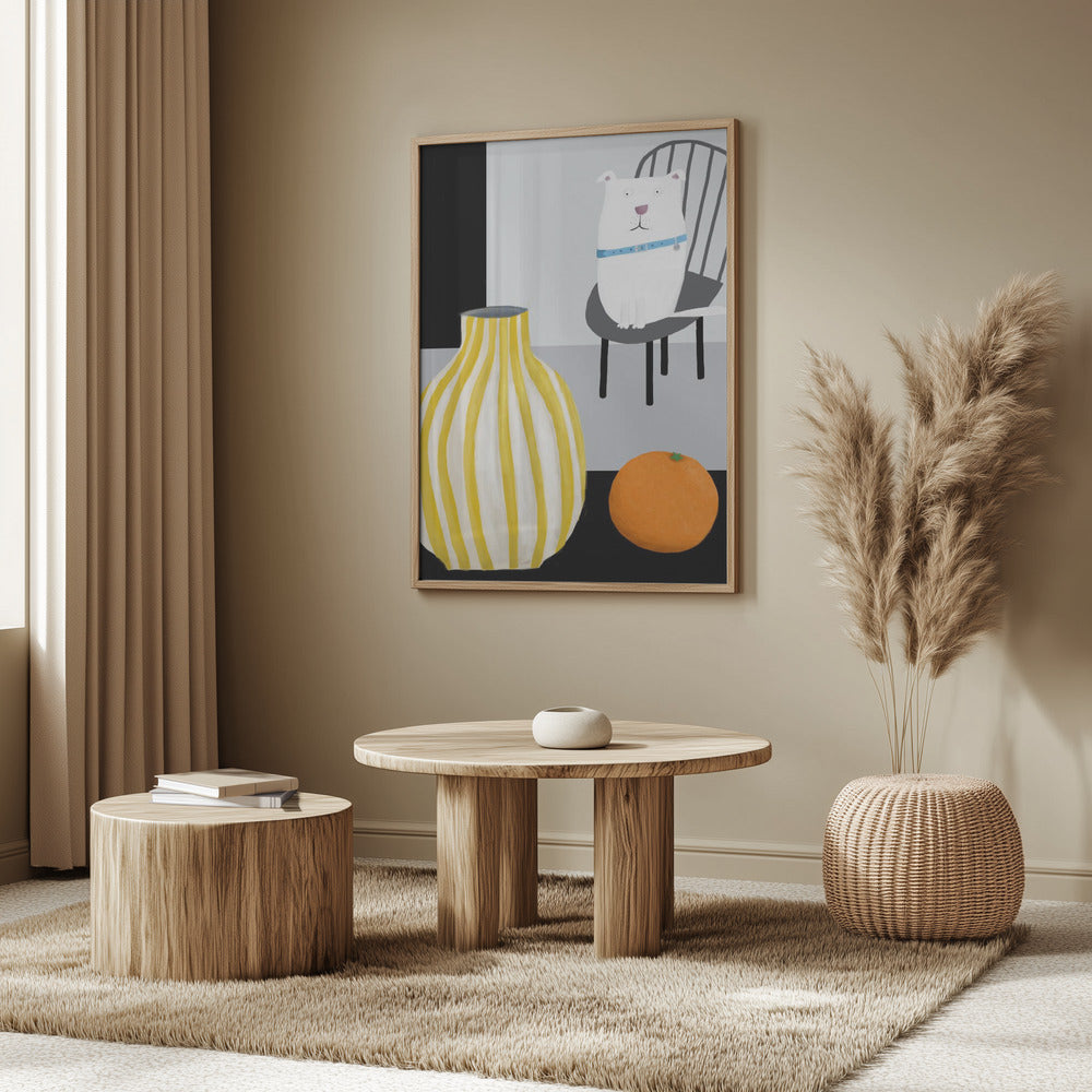 Funny White Dog with Yellow and White Stropped Vase by Carla Daly | Poster