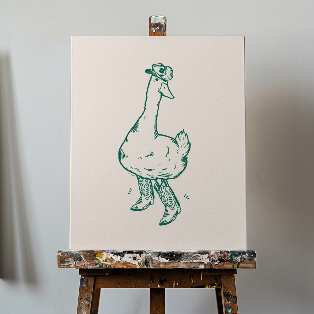 Canard portant des bottes western en vert | Tableaux sur Toile