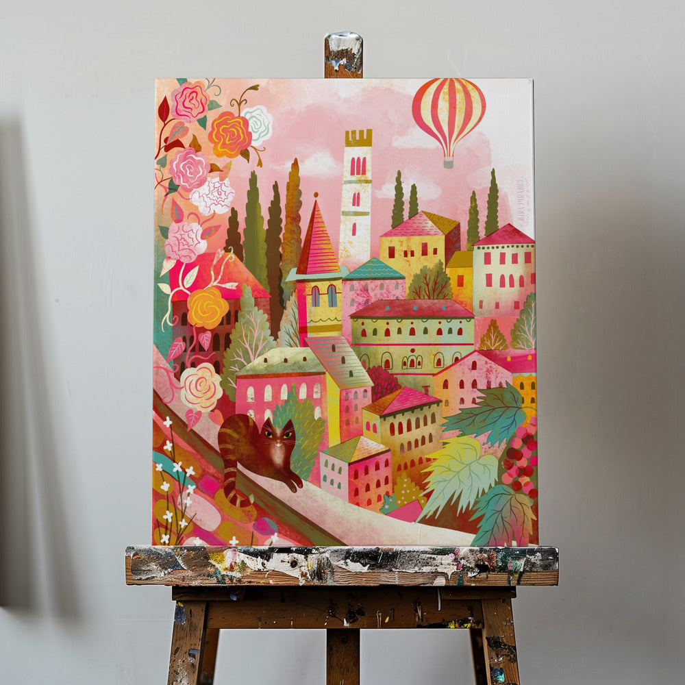 Italiensk by med katt på väggen | Canvas