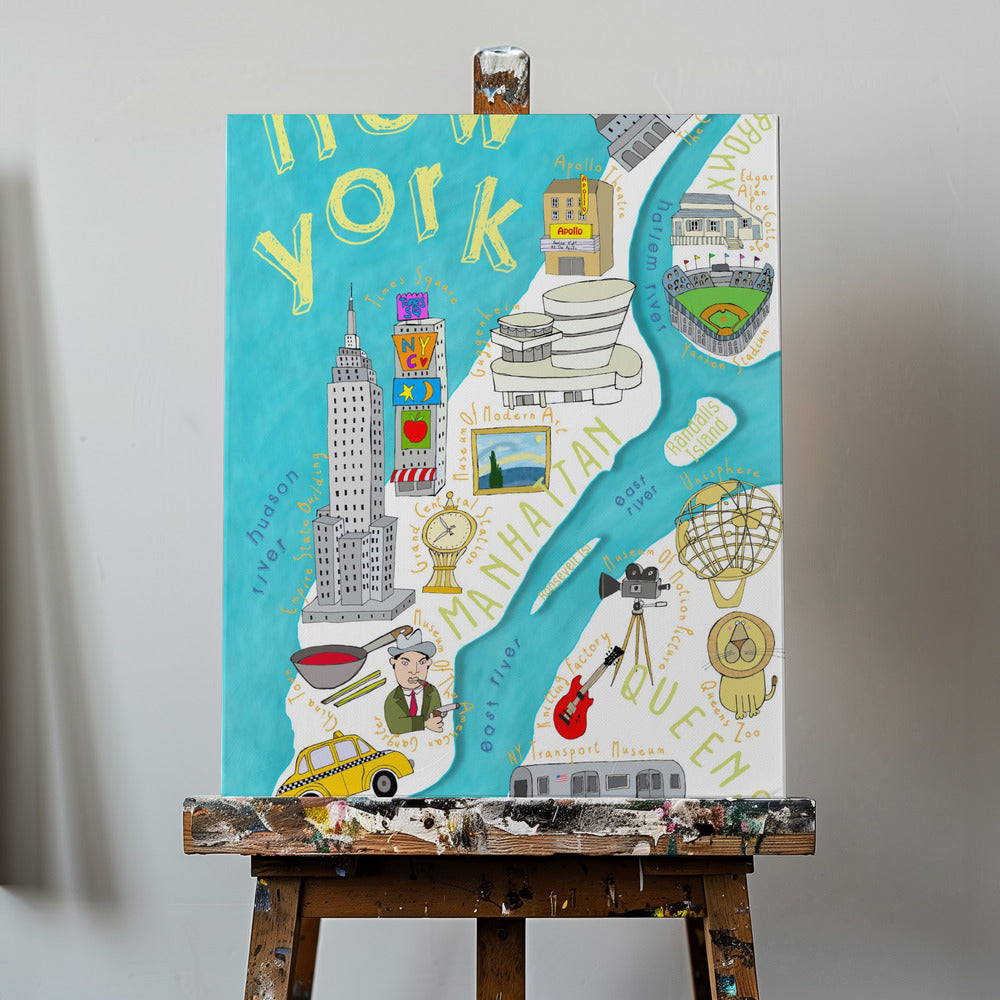 Mappa illustrata di New York dai colori vivaci realizzata dall'artista Carla Daly | Stampe su Tela