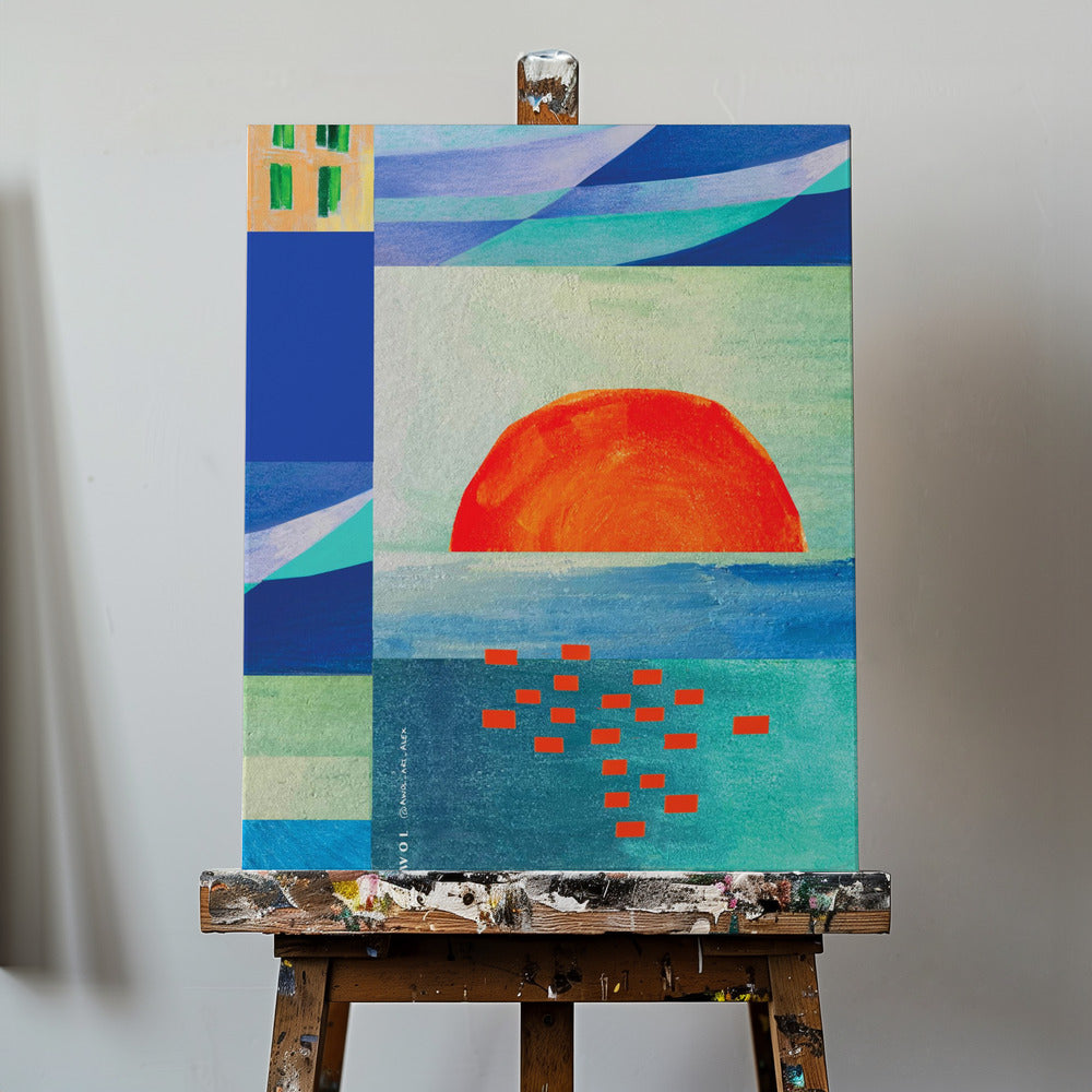 Mer Méditerranée colorée avec lever de soleil, art côtier abstrait | Tableaux sur Toile