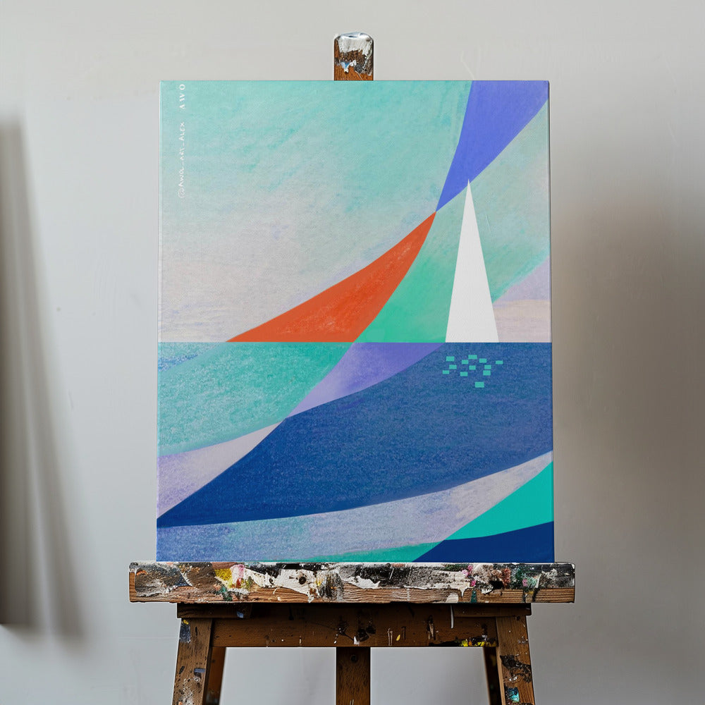 Abstrakt havkunst med minimalistisk hvid sejlbåd på havet | Lærredsbilleder