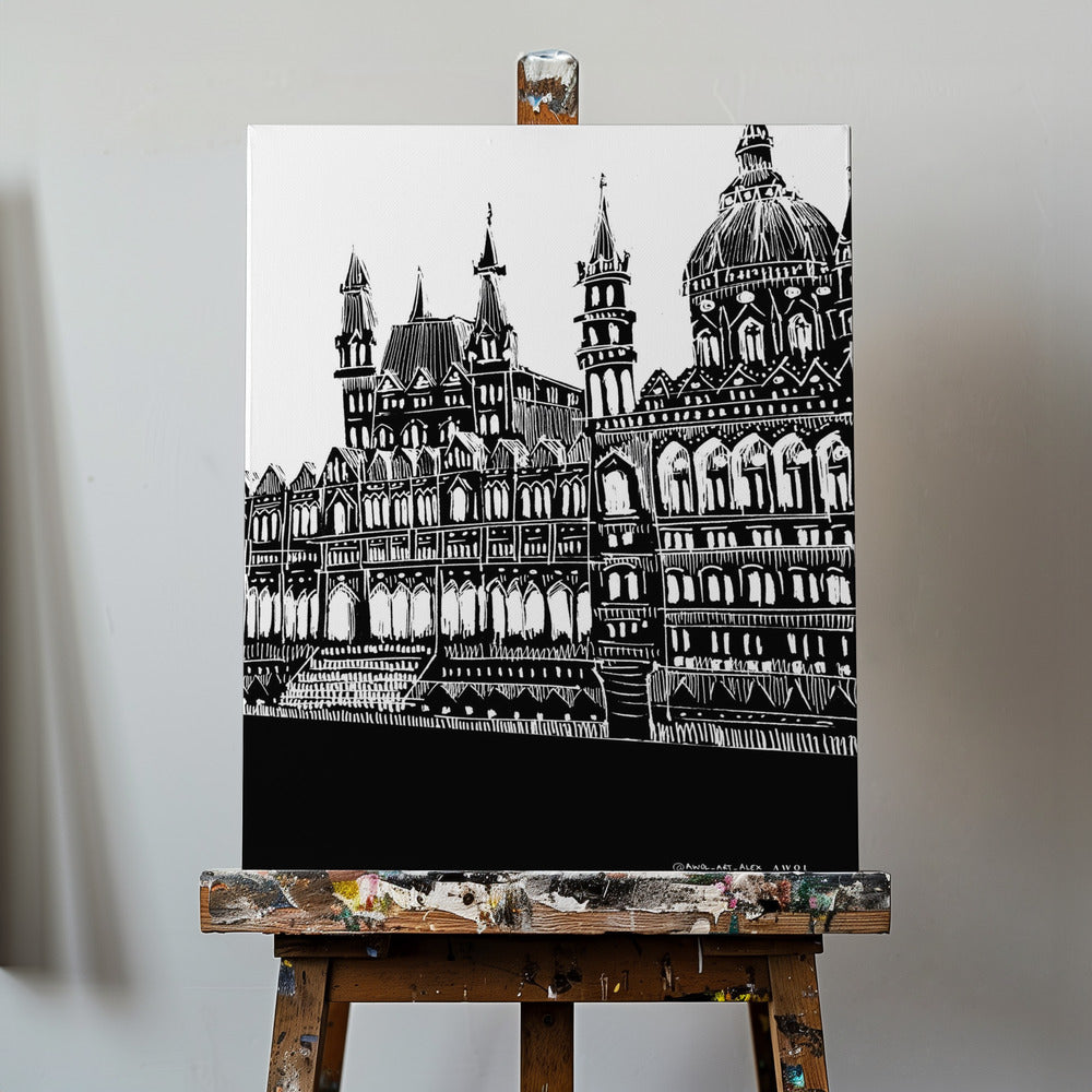Budapest, Ungheria, Arte della città, Disegno architettonico in bianco e nero | Stampe su Tela
