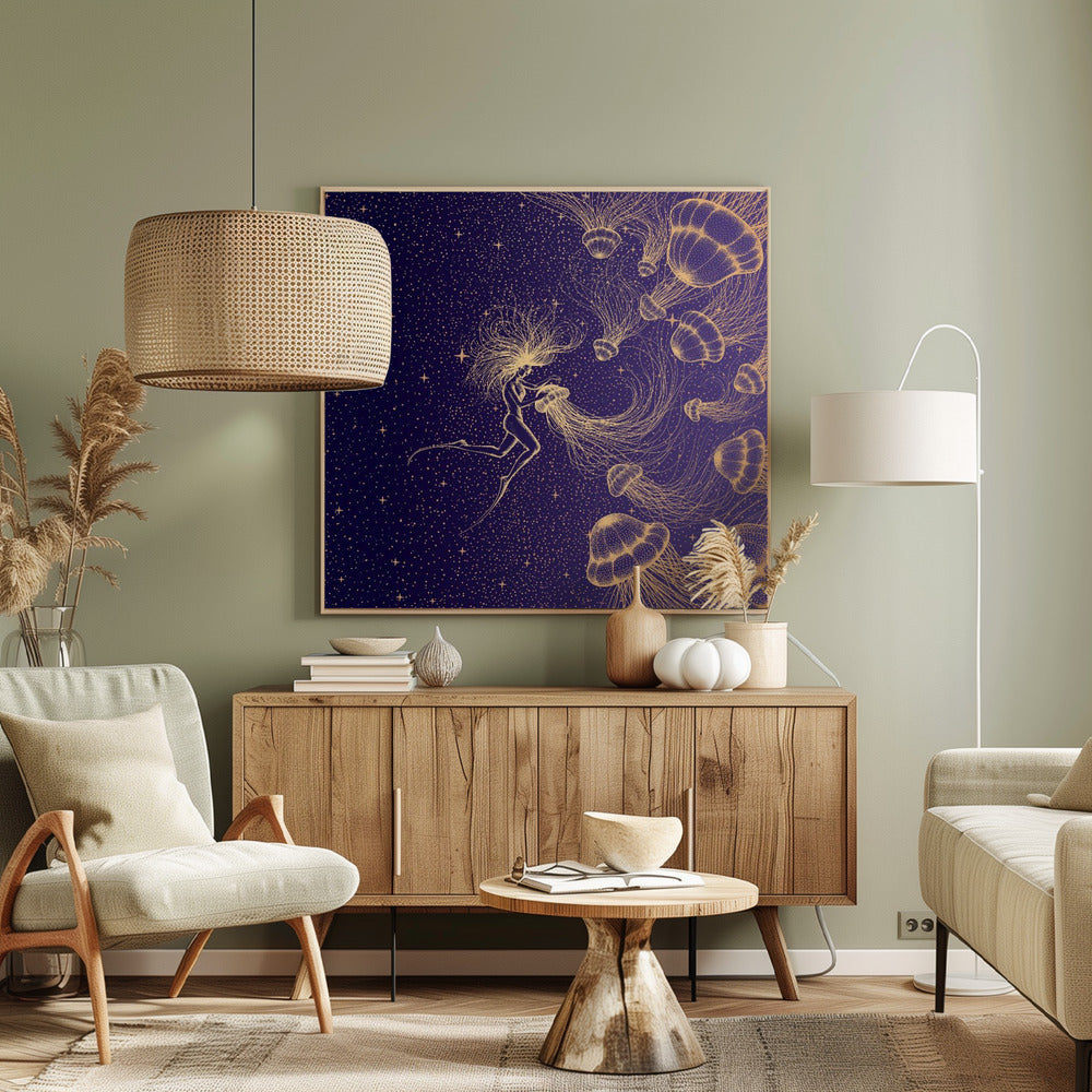 Starry Jellyfish and Diver (golden Lines & Purple Space) | Canvas