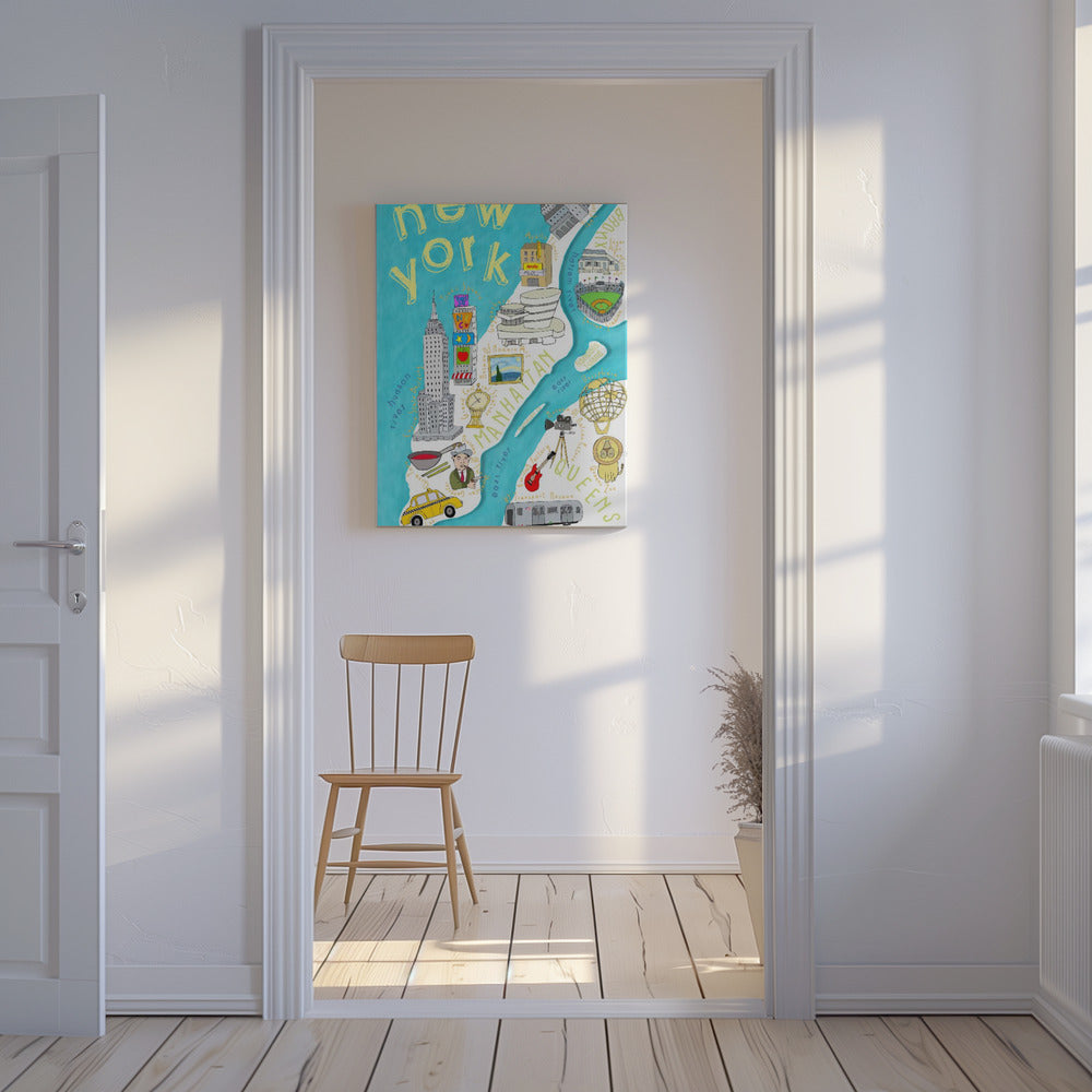 Mappa illustrata di New York dai colori vivaci realizzata dall'artista Carla Daly | Stampe su Tela
