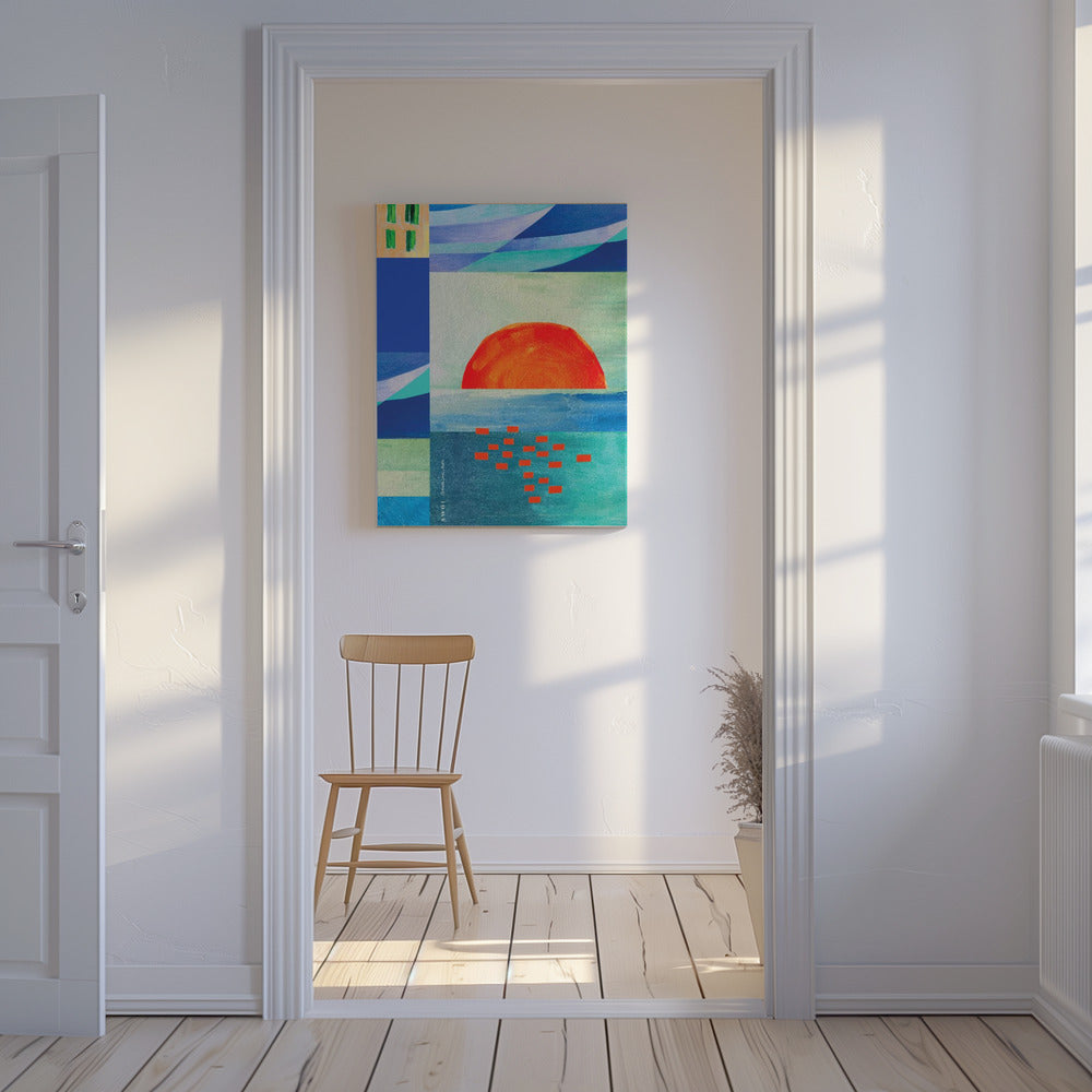 Mer Méditerranée colorée avec lever de soleil, art côtier abstrait | Tableaux sur Toile