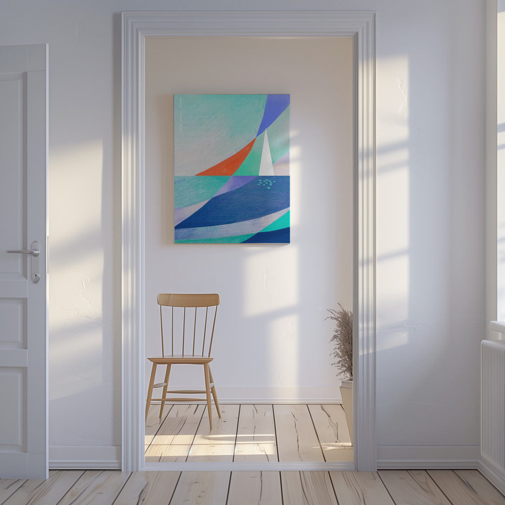 Abstrakt havkunst med minimalistisk hvid sejlbåd på havet | Lærredsbilleder