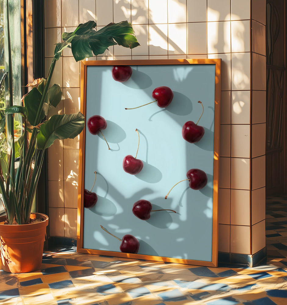 Cherries on turquoise background | Poster