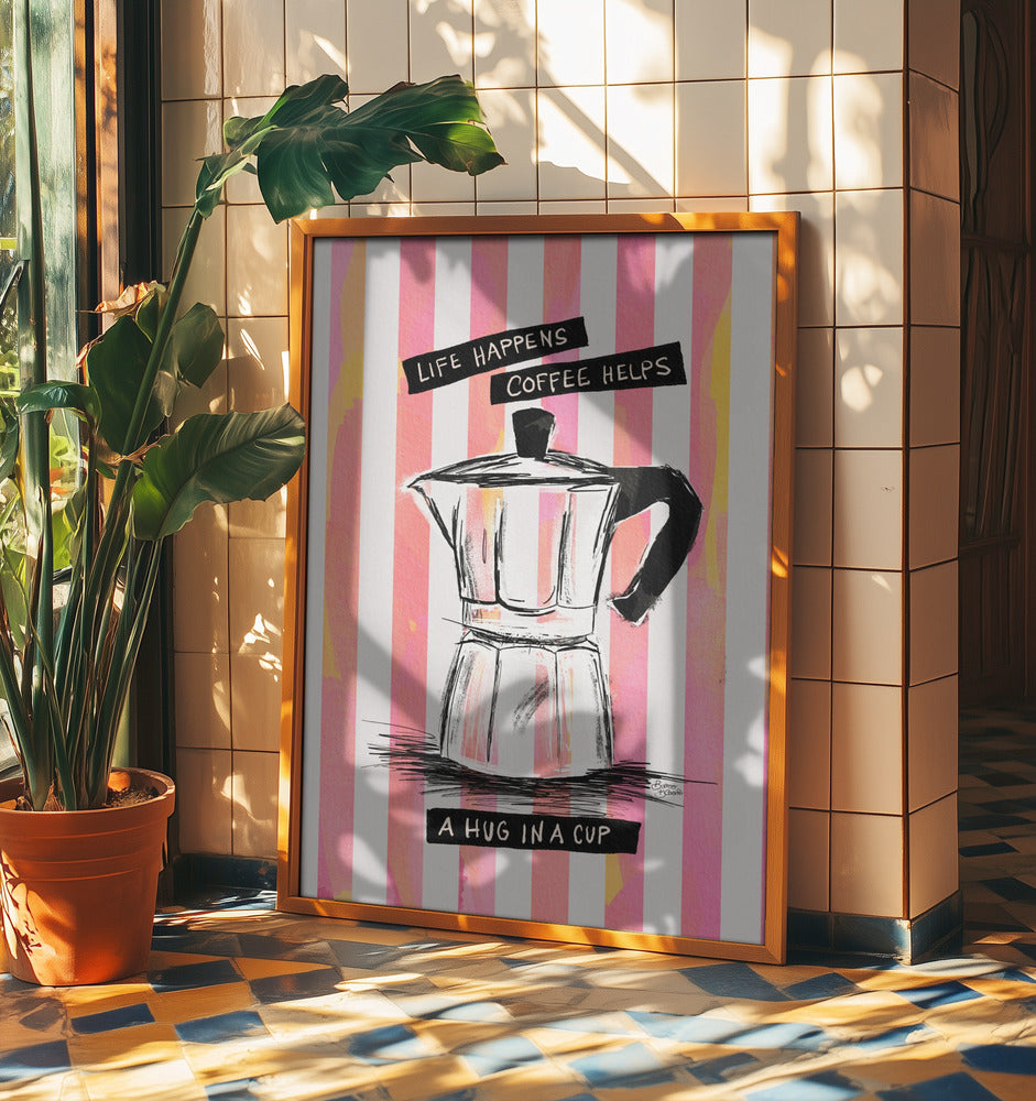 Mocca Coffee on Stripes - Hug in a Cup | Poster