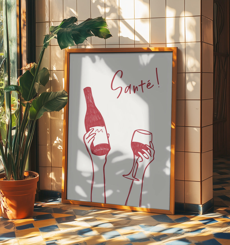 Hands holding a wine bottle and a wine glass with the text "Cheers!" in French | Poster
