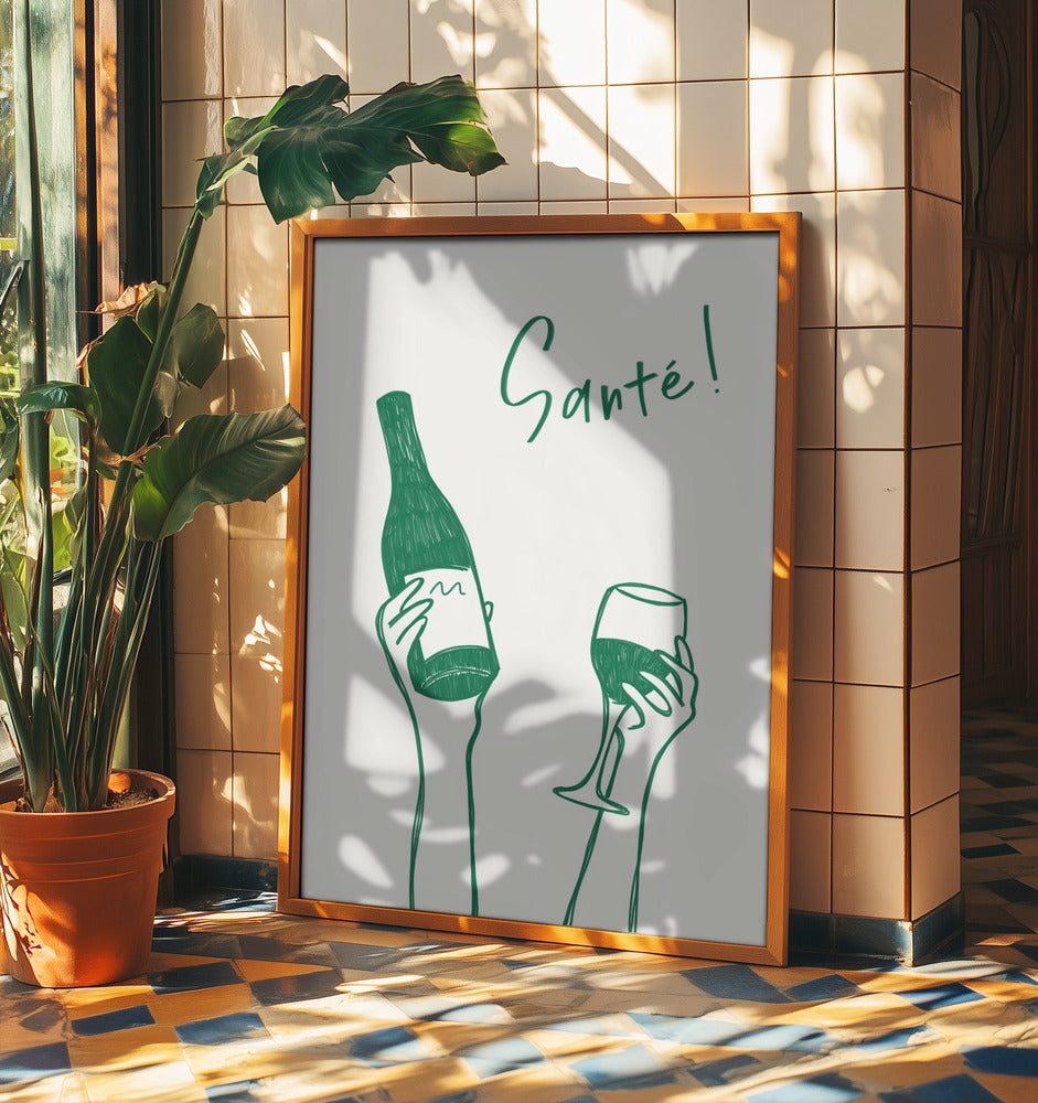 Hands holding a wine bottle and a wine glass with the text "Cheers!" in French | Poster