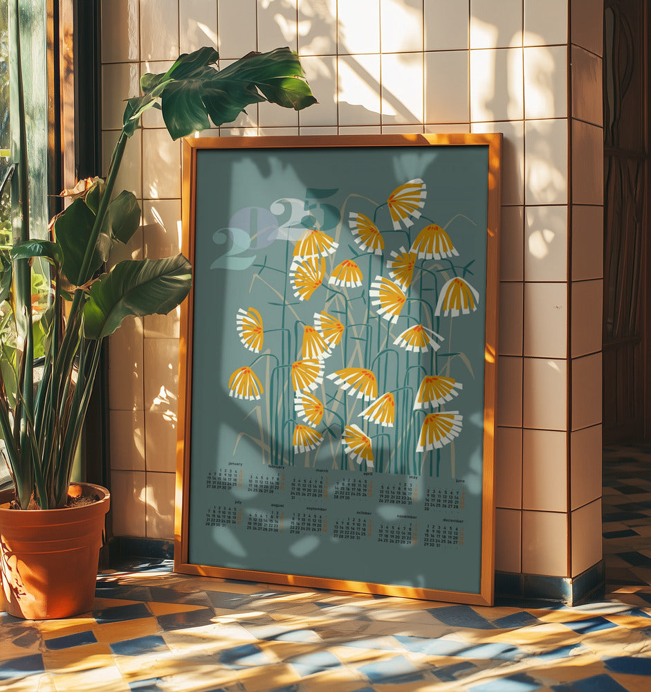 kalender 2025 Linoleumsnitt blommor gröna | Poster
