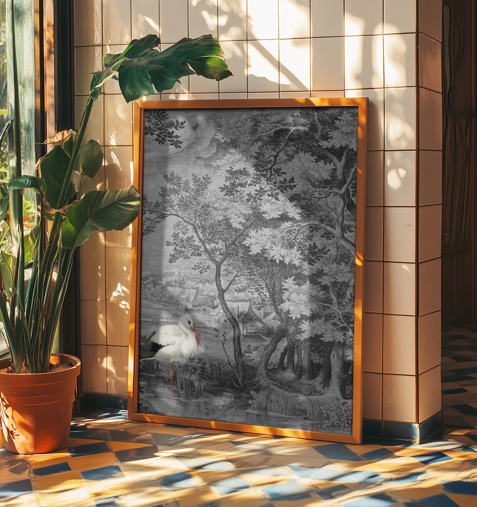 Vintage Landscape With Stork | Poster