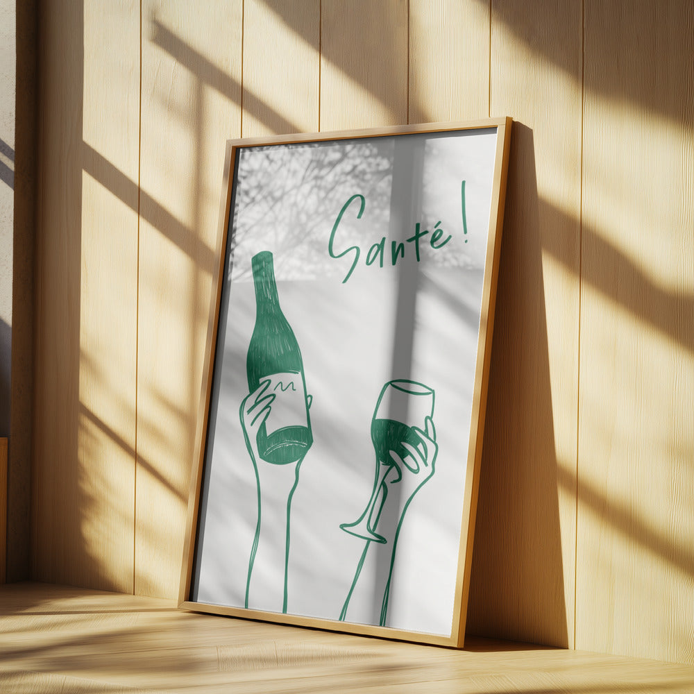 Hands holding a wine bottle and a wine glass with the text "Cheers!" in French | Poster