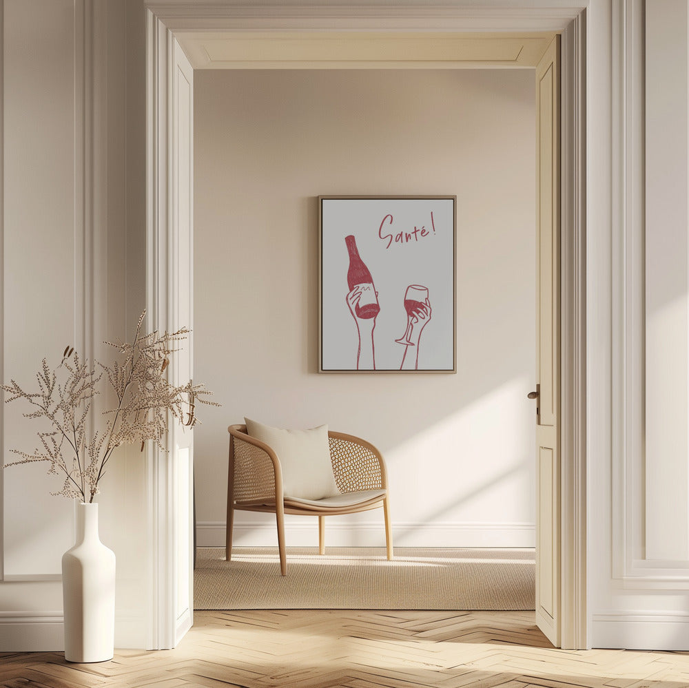 Hands holding a wine bottle and a wine glass with the text "Cheers!" in French | Poster