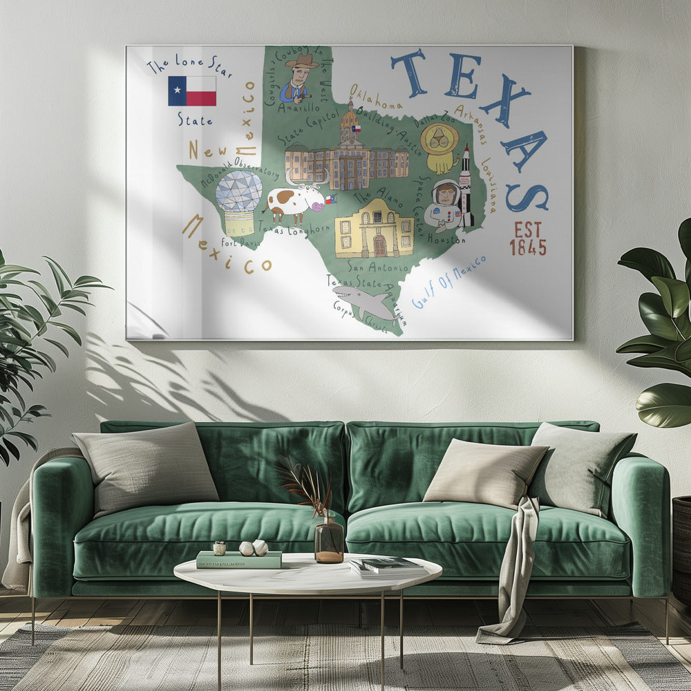 Mappa dello stato del Texas illustrata dall'artista Carla Daly | Stampe su Tela