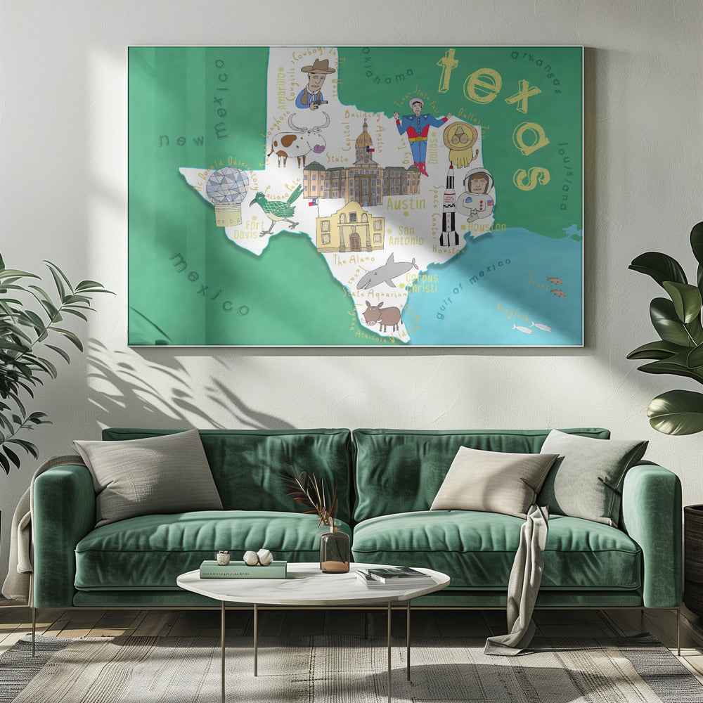 Illustration einer Staatskarte von Texas von der Kartenkünstlerin Carla Daly | Leinwand-Bilder