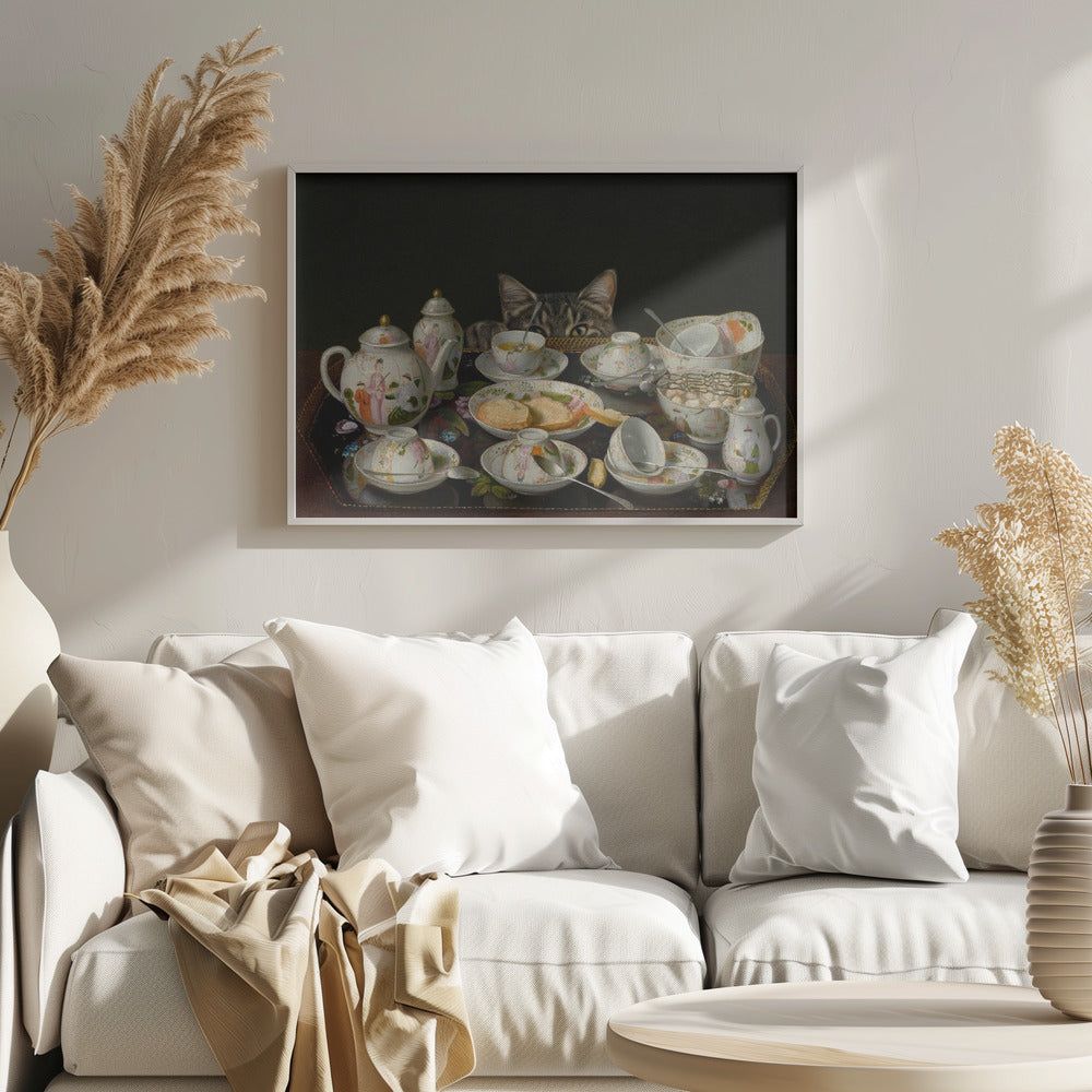 En teservis med en katt | Poster