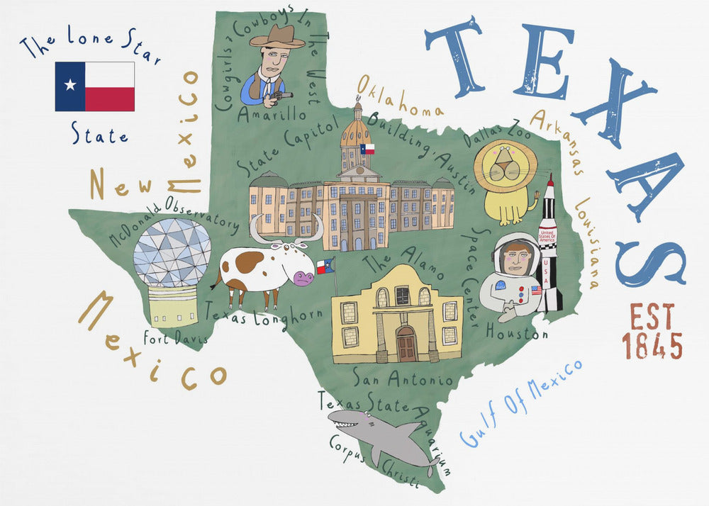 Mappa dello stato del Texas illustrata dall'artista Carla Daly | Stampe su Tela