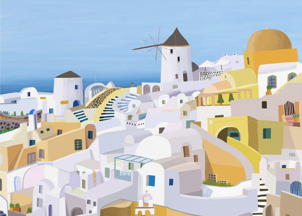 Santorini, edifici greci gialli e bianchi dell'artista Carla Daly | Stampe su Tela