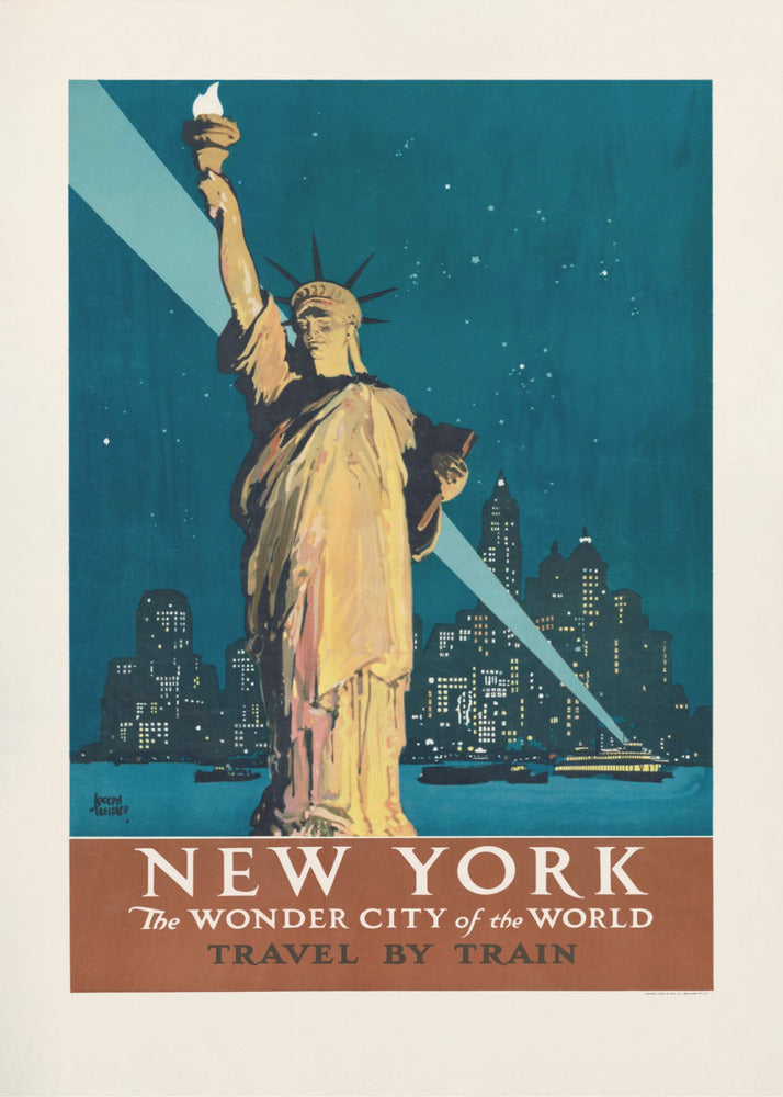 New York, verdens vidunderby - Rejs med tog (1927) Plakater - Kunsttryk Af Adolph Treidler | Lærredsbilleder