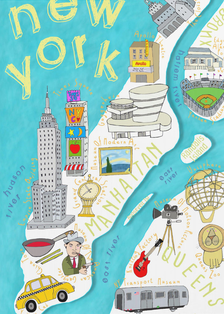 Mappa illustrata di New York dai colori vivaci realizzata dall'artista Carla Daly | Stampe su Tela